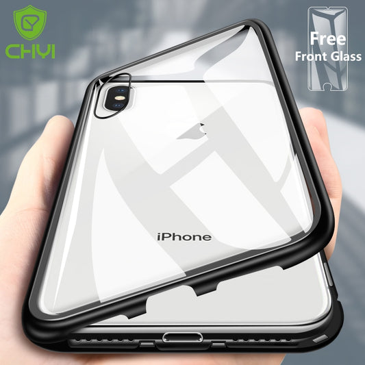 Double sided  Magnetic Case for iPhone X Clear Tempered Glass Magnet Adsorption Case